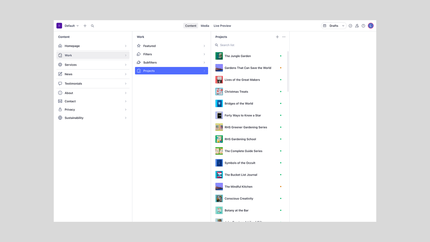 Screenshot of the Sanity CMS with custom navigation and structure. the 'work' section is open with a list of projects in the center of the screen.
